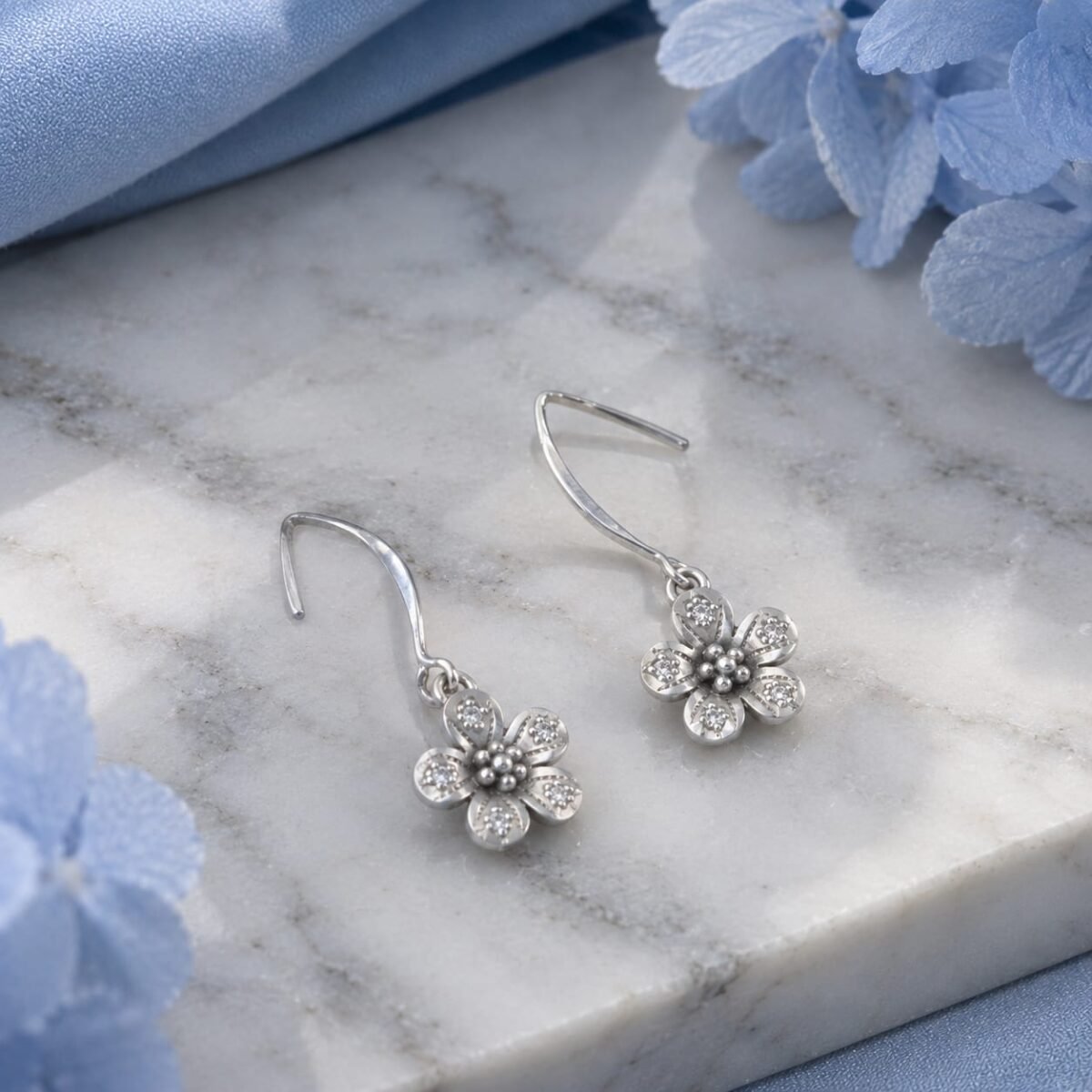 925 Sterling Silver Floral Drop Hook Earrings for Women | Vintage Flower Dangle Earrings (A-265)
