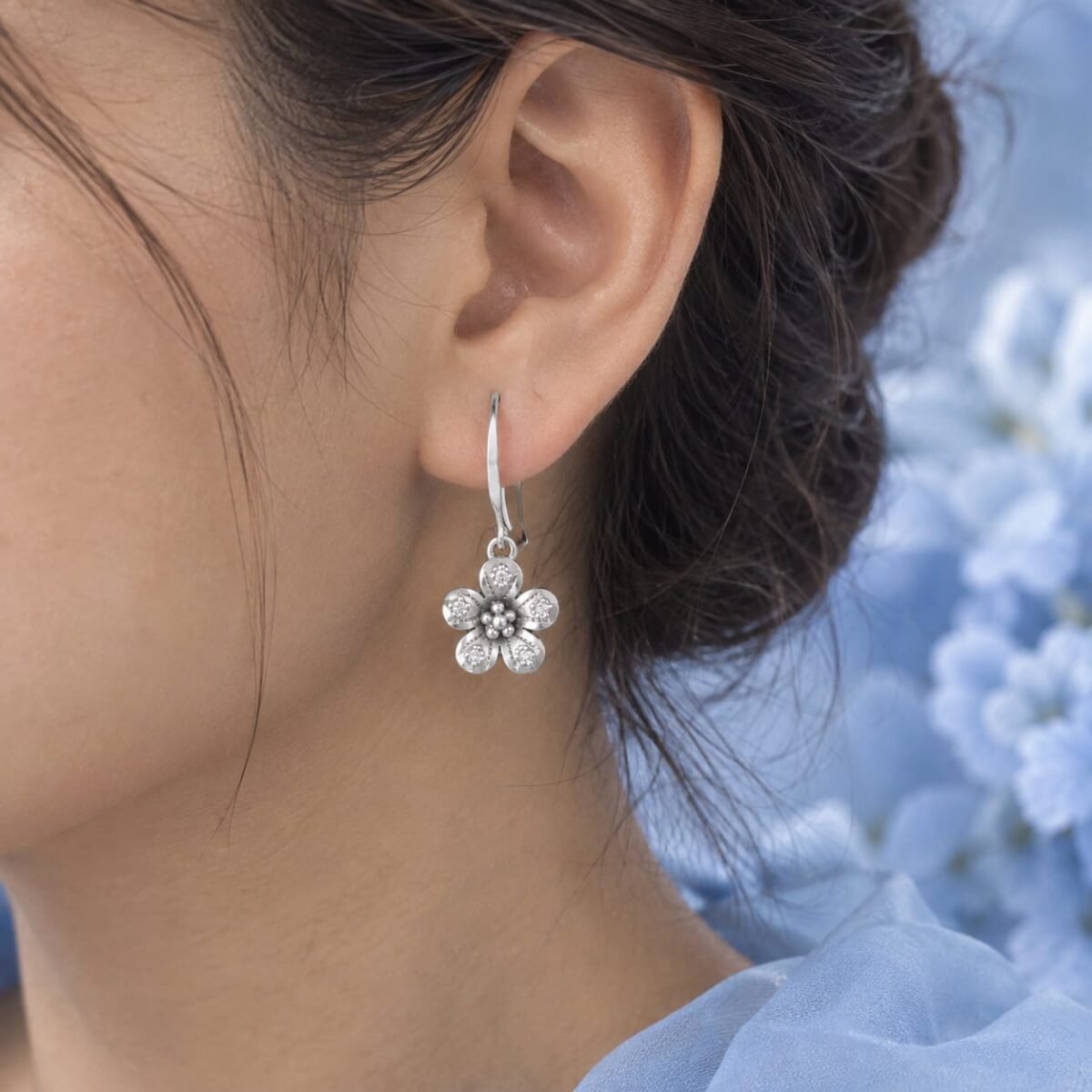 925 Sterling Silver Floral Drop Hook Earrings for Women | Vintage Flower Dangle Earrings (A-265) - Image 2