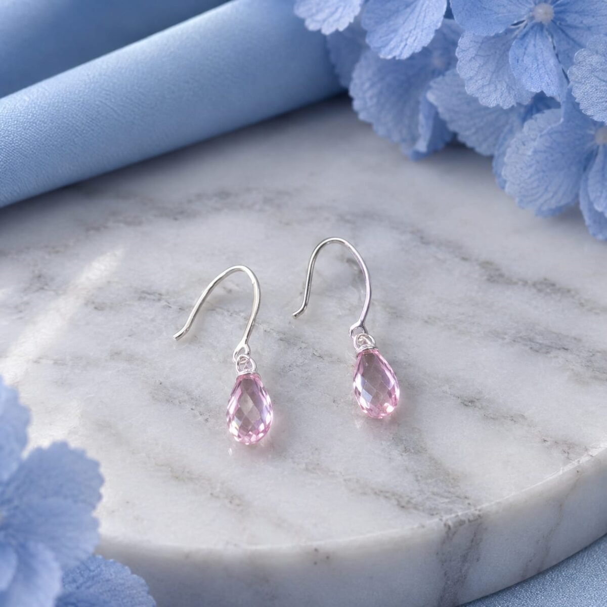 925 Sterling Silver Pink Crystal Teardrop Drop Earrings for Women (A-266)