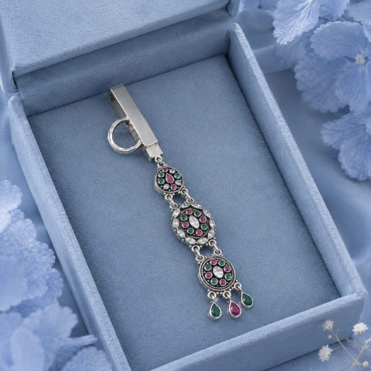 925 Sterling Silver Traditional Saree Key Chain with Multicolor Stone Detailing (A-267) - Image 4