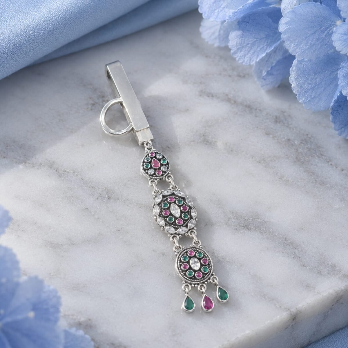 925 Sterling Silver Traditional Saree Key Chain with Multicolor Stone Detailing (A-267) - Image 2