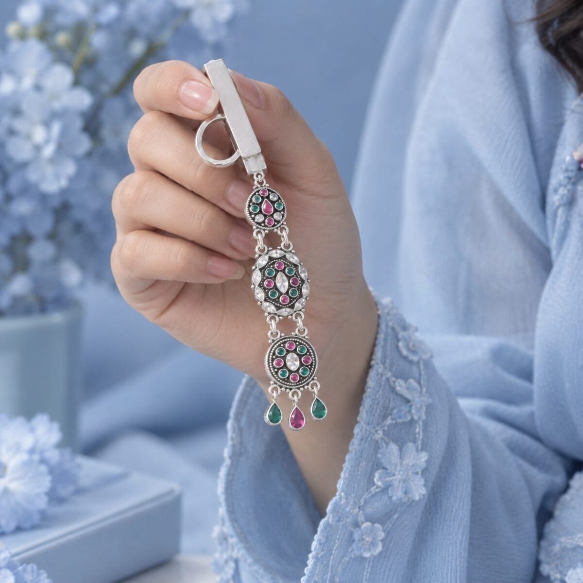 925 Sterling Silver Traditional Saree Key Chain with Multicolor Stone Detailing (A-267) - Image 3
