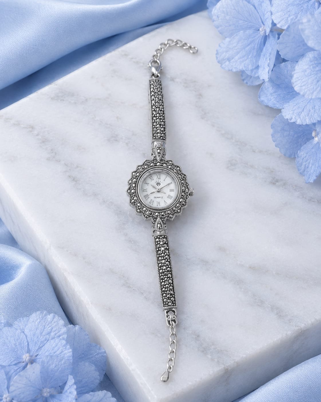 925 Sterling Silver Vintage Marcasite Watch for Women | Floral Oxidized Silver Bracelet Watch (A-272)