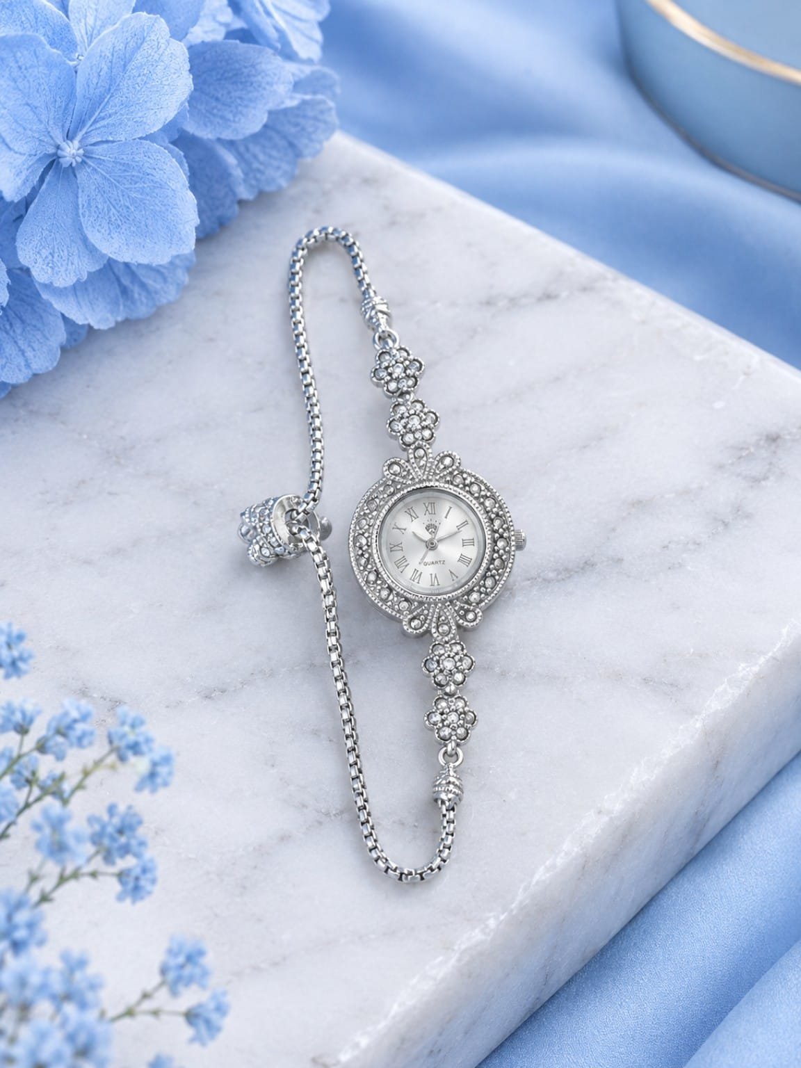 925 Sterling Silver Floral Marcasite Bracelet Watch for Women (A-270)