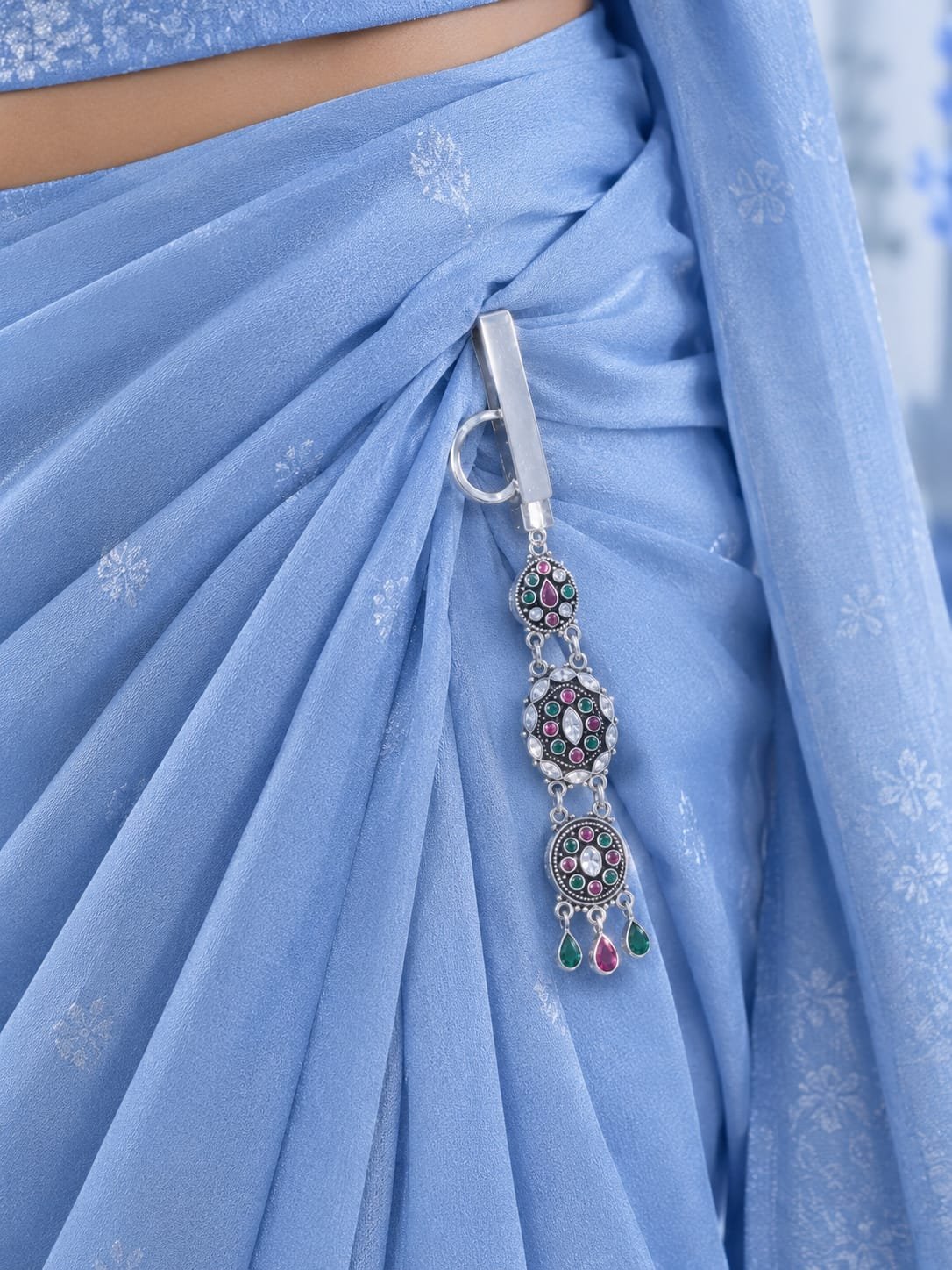 925 Sterling Silver Traditional Saree Key Chain with Multicolor Stone Detailing (A-267)