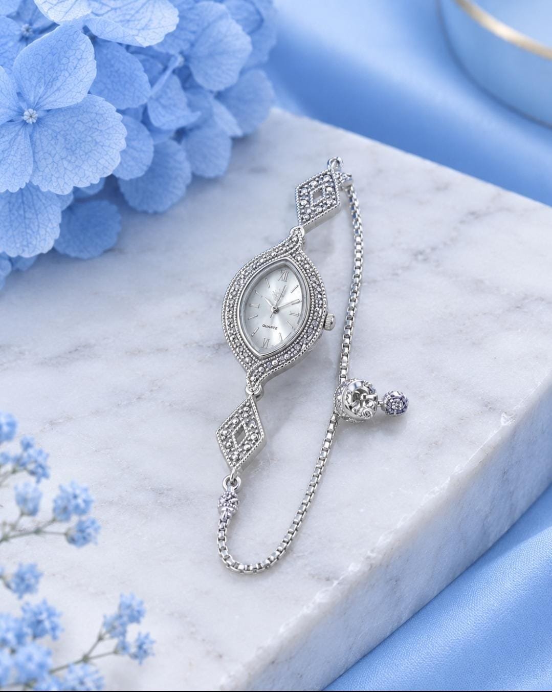 925 Sterling Silver Marcasite Designer Bracelet Watch for Women (A-271)