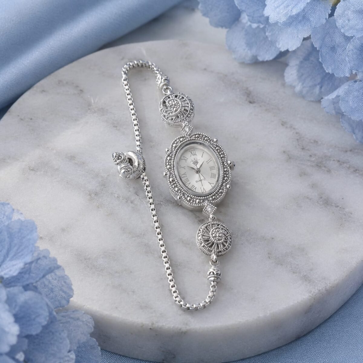 925 Sterling Silver Vintage Marcasite Bracelet Watch for Women (A-273)