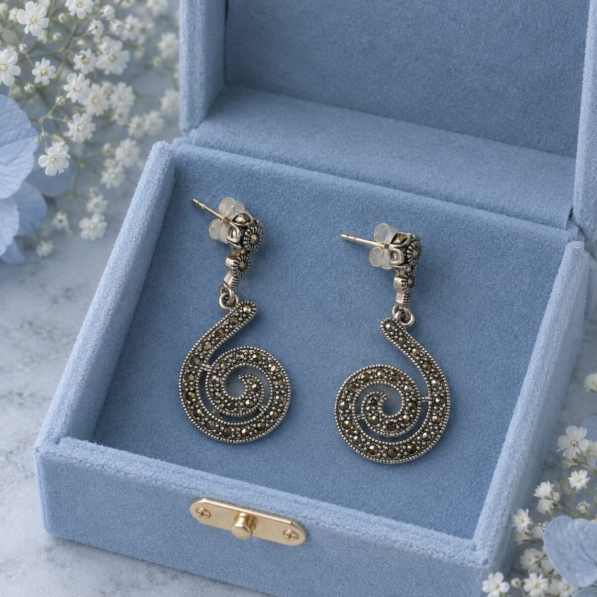 Elegant Oxidized Silver Spiral Marcasite Drop Earrings (A-275) - Image 3