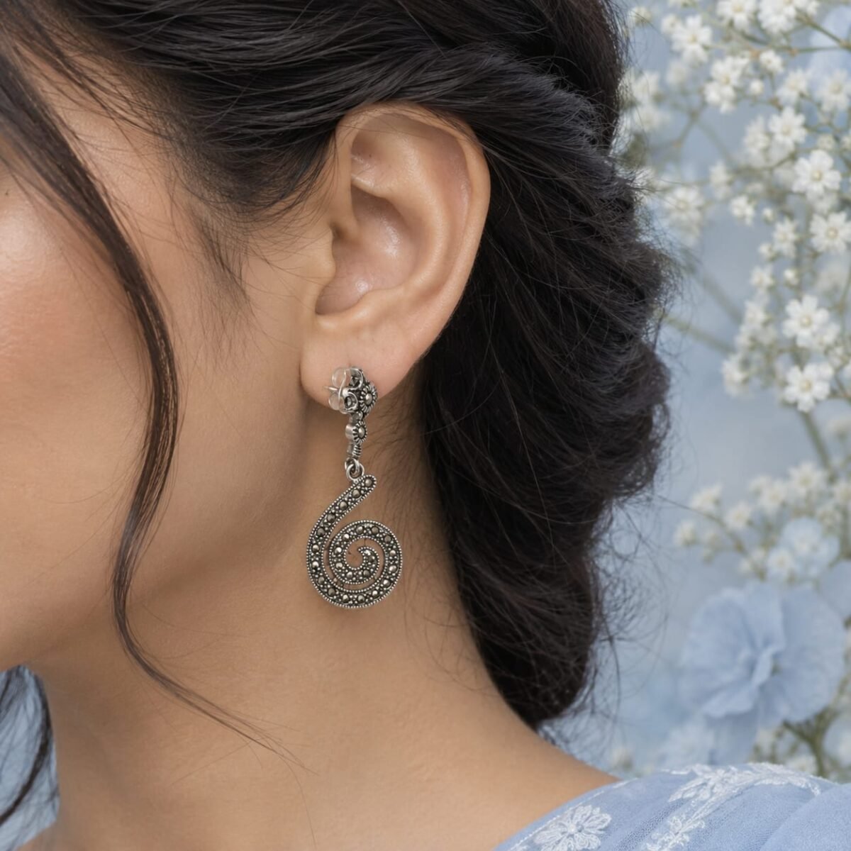 Elegant Oxidized Silver Spiral Marcasite Drop Earrings (A-275)