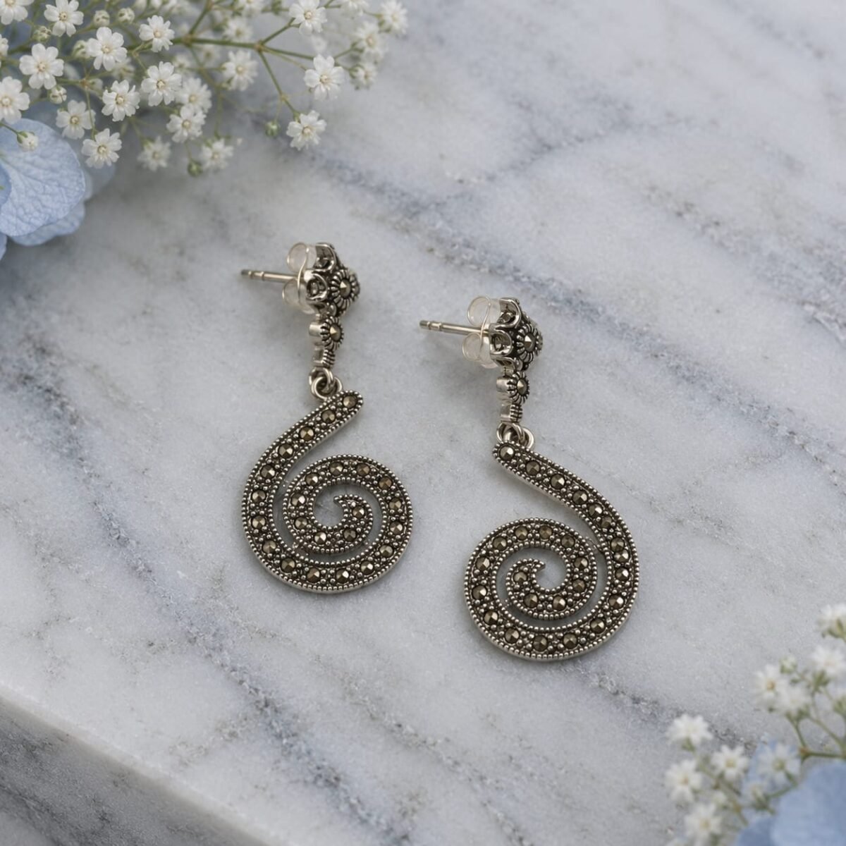 Elegant Oxidized Silver Spiral Marcasite Drop Earrings (A-275) - Image 2